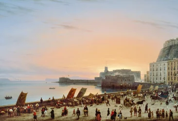 Solnedgång vid napolitansk strand, ca 1838, av Giuseppe Canella (1788-1847), olja på duk, 90x135 cm