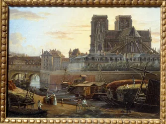Saint Charles-bron, hotel dieu, archeveche och Notre Dame sett från Quai de la Tournelle i Paris. Målning av Giuseppe Canella (1788-1847) EC.ITAL.