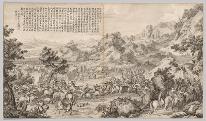 Att attackera lägret vid Gatan Ola: från Battle Scenes of the Quelling of Rebelling in the Western Region, med kejserliga dikter