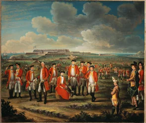Lady Louisa Lennox med sin makes Regiment, 25th Regiment of Foot, med Lord George Lennox bredvid sig, och Fort St Philip, Port Mahon, i bakgrunden, ca 1771