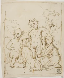 Tre putti och en hund i ett landskap
