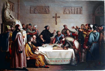 Pontidas ed Alliansceremoni den 07/04/1167 mellan kommunerna i Lombardiet mot det heliga romerska riket Frederic Barberossa. Det är ursprunget till Lega Lombarda (Lombard League). (Norra Ligan). Målning av Giuseppe Diotti (1779-1846)
