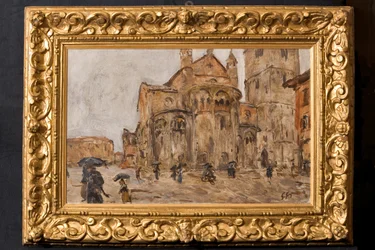 Piazza Grande in the Rain (olja på plywood)