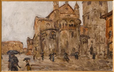Piazza Grande in the Rain (olja på plywood)