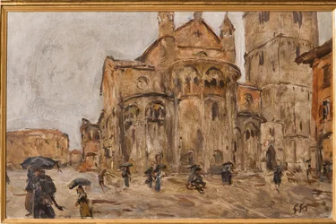 Piazza Grande in the Rain (olja på plywood)