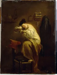 Kvinna som letar efter loppor. (Kvinna söker loppor). Målning av Giuseppe Maria Crespi (1665-1747), olja på duk, cirka 1710. Italiensk konst (Bologna)