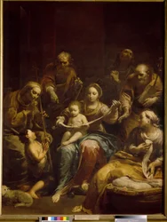 The Holy Family (The Holy Family). Jungfrun och Kristusbarnet är i mitten av målningen, omgivna av Josef, Sankta Elisabeth och Sankt Johannes Döparen, barn. Målning av Giuseppe Maria Crespi känd som Lo Spagnolo (1665-1747), olja på duk, cirka 17