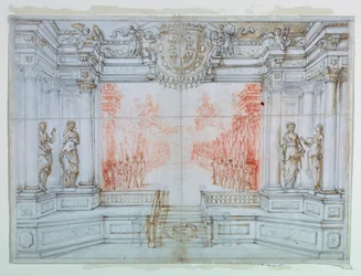 Teckning, scenografi: Balett Cele, 1674