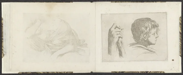 Hand med en träpinne och huvudet av en pojke Ritningsexempel (serietitel) Mitelli intaglio (serietitel)