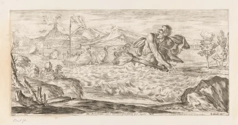 Polyphemus achtervolgt de vloot van Aeneas Här är Polyphemus närvarande, hemsk, skrider över slätten (titel på objekt) Omzwervingen van Aeneas (serietitel) L