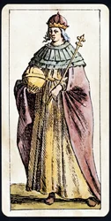 Papesse Jeanne avbildad på ett tarot-manuskript av C.M.Mitelli
