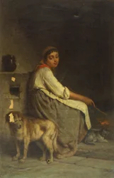 Kvinna med hund och katt vid öppen spis