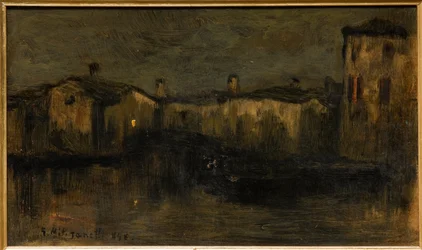 Landskap med hus (olja på kartong)
