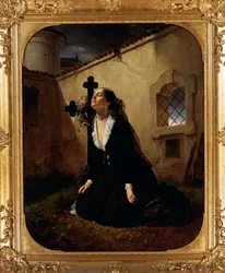 Sorg över förlusten av en älskad, eller överste Manaras hustru vid sin makes grav, av Giuseppe Molteni (1800-1867)