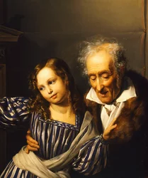 Gubbe pekar ut Maria Luigias herm för sitt barnbarn, av Giuseppe Molteni, ca 1830, olja på duk