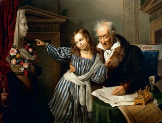 Gammal man som pekar ut Maria Luigias Herm till sitt barnbarn, av Giuseppe Molteni, cirka 1830, olja på duk