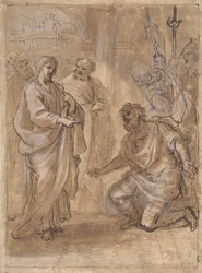 Christ and the Centurion recto, figur som vinkar till avgående skepp verso., n.d..