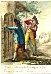 "Det är ingen idé att stänga stallet när hästarna har rymt." 1700-talsgravyr som illustrerar en rad ordspråk. Giuseppe Piattoli (1740/50-1818)