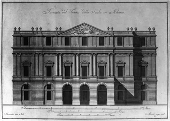 Ritning av den yttre arkitekturen av fasaden på Teatro alla Scala (Theatre de la Scala) i Milano realiserad av Giuseppe Piermarini (1734-1808).