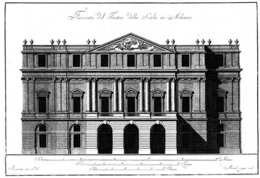 Teckning av fasadens yttre arkitektur på Teatro alla Scala i Milano, utförd av Giuseppe Piermarini (1734-1808).