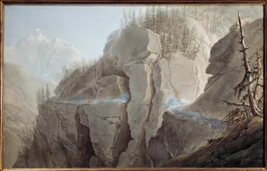 Första italienska fälttåget (1796-1797): "" Fransmännen från Napoleon Bonapartes armé (1769-1821) tvingar fienden att överge den befästa föroreningen av La Clusse (Cluse) i Vallee d