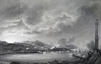 Genua bombarderas av engelsk flotta, 25 maj 1800, stålstick från teckning av Giuseppe Pietro Bagetti (1764-1831), Paris