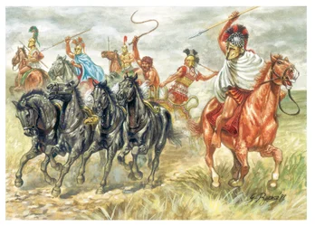 Antikens Grekland: Grekiska kavallerisoldater och stridsvagn - Antikens Grekland: grekiska soldater och röding - Illustration av Giuseppe Rava