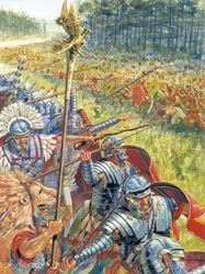 Det antika Rom: Romersk armé i Dakien vid tiden för kejsar Trajanus omkring 105 e.Kr - Antikens Rom: Trajanus romerska armé mot Dakien - Illustration av Giuseppe Rava