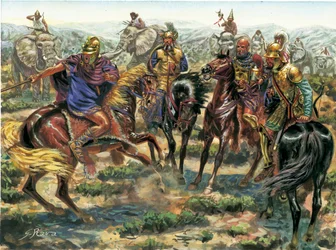 Antikens Rom: Amsicora (Hampsicora eller ampsicora) (3:e århundradet f.Kr.) Latifundist Karthaginian revolt mot den romerska makten 215 f.Kr - Antikens Rom: Ampsicoras uppror mot Rom 215 f.Kr. - Illustration av Giuseppe Rava