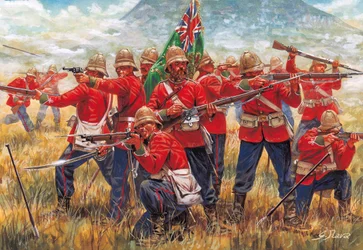 Zulu-kriget: soldater ur Brittiska imperiet vid slaget vid Isandhlwana (Isandlwana eller Isandula) i Sydafrika, 22/01/1879 - Illustration av Giuseppe Rava