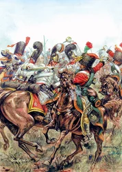 Slaget vid Austerlitz den 2/12/1805, strid mellan den stora arméns soldater och ryssarna och österrikarna - Slaget vid Austerlitz, 2 december 1805, mellan Napoleon I:s armé och de ryska och österrikiska arméerna - Illustration av Giuseppe Rava