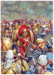 Slaget vid Thermopyle: den spartanska armén under Leonidas I kämpar tillsammans med grekerna mot perserna år 480 f.Kr. (Persiska krigen/Slaget vid Thermopyle 480 f.Kr. - Den spartanske kungen Leonidas och hans män faller i slaget - Illustration av Giusep