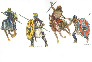 Cataphract kämpar mot en ny legionär och en ny legionär kämpar mot en hunnerkrigare