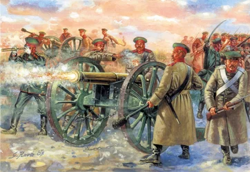 Krimkriget: ryskt artilleriövertag i Slaget vid Balaklava den 25/10/1854 - Krimkriget: ryska soldater under Slaget vid Balaklava, utkämpat den 25 oktober 1854 - Illustration av Giuseppe Rava