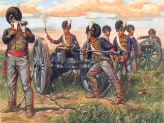 Första imperiet: Engelska artillerisoldater laddar en kanon i slaget vid Waterloo 1815 - Första kejsardömet: soldater från brittiska armén laddar en kanon i slaget vid Waterloo 1815 - Illustration av Giuseppe Rava
