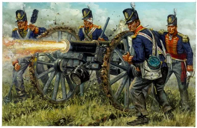 First Empire: det kungliga fotartilleriet under slaget vid Waterloo den 18 juni 1815 - Illustration av Giuseppe Rava