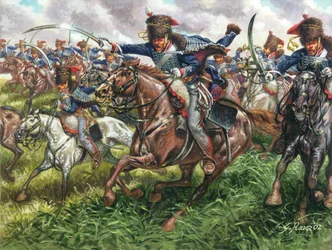 Första imperiet: anfallet av det 15:e regementet av engelska dragoner i slaget vid Waterloo den 18/06/1815 - Första imperiet: anfallet av det 15:e regementet av brittiska dragoner i Waterloo den 18 juni 1815 - Illustration av Giuseppe Rava