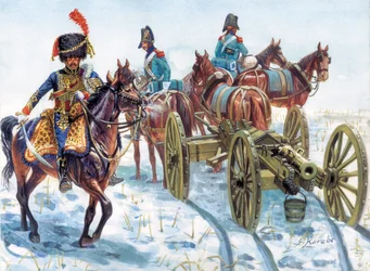 Första imperiet (1804-1814): bogsering av artilleri från den stora armén i snön - Första imperiet: bogsering av artilleri i snön av kavalleri från den stora armén - Illustration av Giuseppe Rava