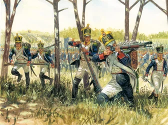 Första imperiet: Franska infanteri voltigeurs - Första kejsardömet: franska skärmytslings voltigeurs - Illustration av Giuseppe Rava