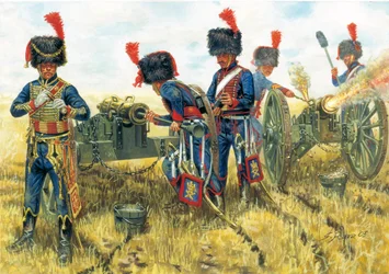 Första imperiet: soldater från artilleriet i Napoleon I:s kejserliga garde i slaget vid Waterloo 18/06/1815 - Första imperiet: soldater från artilleriet i Napoleon I:s kejserliga garde i Waterloo den 18 juni 1815 - Illustration av Giuseppe Rava