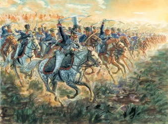 Första kejsardömet: de preussiska husarernas anfall omkring 1810 - Första kejsardömet: de preussiska husarernas anfall - Illustration av Giuseppe Rava