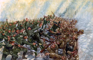 Fransk-thailändska kriget (1940-1941): slag mellan Thailands armé under general Plaek Pibulsonggram, kallad Phibun, och Vichyregeringens franska armé i Indokina - Fransk-thailändska kriget: slag mellan Thailand och Vichyfrankrike - Illustration av Gius