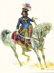 Joachim Murat (1767-1815) i slaget vid Aboukir 1799, under expeditionen till Egypten - Porträtt av Joachim Murat under slaget vid Abukir (1799) - Illustration av Giuseppe Rava