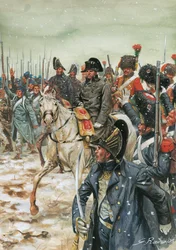 Länge leve kejsaren! Kejsar Napoleon I (1769-1821) en häst omringar hans armé under det franska fälttåget i januari 1814" - Sjätte koalitionskriget, slag i Frankrike, kejsar Napoleon I omringad av sin armé under det franska fälttåget - Illustration av G