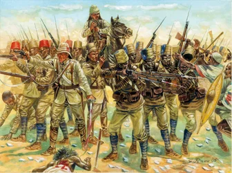 Mahdistkriget (Sudankriget) (1881-1899): närvarande styrkor i slaget vid Omdurman (höger de sudanesiska dervischerna och vänster den anglo-egyptiska armén) den 2/09/1898 - Mahdistkriget (eller Mahdistupproret): Slaget vid Omdurman (2 september 1898) mellan