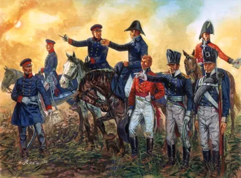 Napoleonkrigen: Arthur Wellesley, hertig av Wellington (1769-1852) för befäl över de brittiska trupperna och Gebhard Leberecht von Blucher (1742-1819) för befäl över den preussiska armén i slaget vid Waterloo 18/06/1815 - (Napoleonkrigen: befälhavare Herti