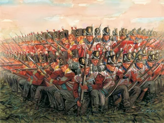 Napoleonkrigen: Engelska soldater under slaget vid Waterloo 18 juni 1815 Illustration av Giuseppe Rava