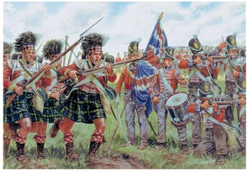 Napoleonkrigen: Skotska och brittiska soldater i slaget vid Waterloo den 18 juni 1815 Illustration av Giuseppe Rava