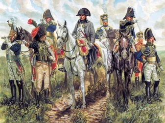Porträtt av Napoleon I (1769-1821) och hans stab - Porträtt av den franske kejsaren Napoleon I och hans stab - Illustration av Giuseppe Rava