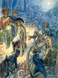 Kampanjen i Preussen och Polen: Kejsar Napoleon I (1769-1821) inför slaget vid Iena och Auerstaedt 14/10/1805 - Kejsar Napoleon I natten före slaget vid Jena-Auerstedt (Jena Auerstedt) mot den preussiska armén den 14 oktober 1805 - Illustr.